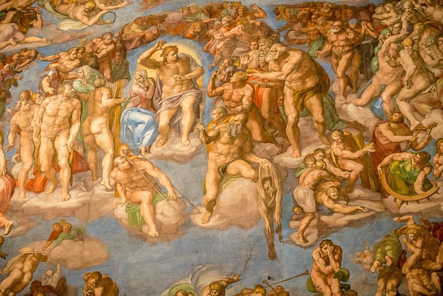 Detail of Michelangelo’s Last Judgment fresco in the Sistine Chapel, showing dynamic human figures and biblical scenes in vibrant colors.